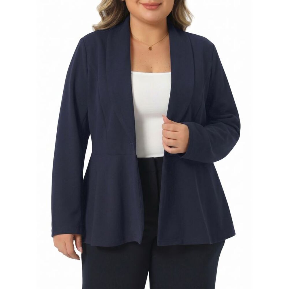 Women Plus Size Shawl Collar Peplum Casual Blazers Suit Jacket Navy Blue